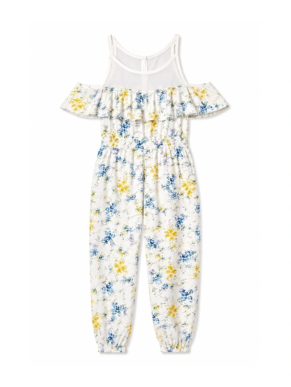Laura Ashley Girls Yellow & White Floral Cold Shoulder Mesh Detail Jumpsuit M